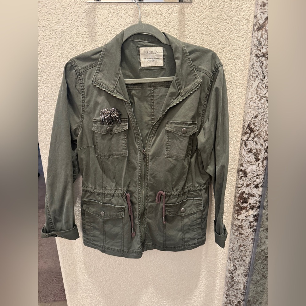 Sonoma Olive Green Utility Jacket With Elephant Brooch